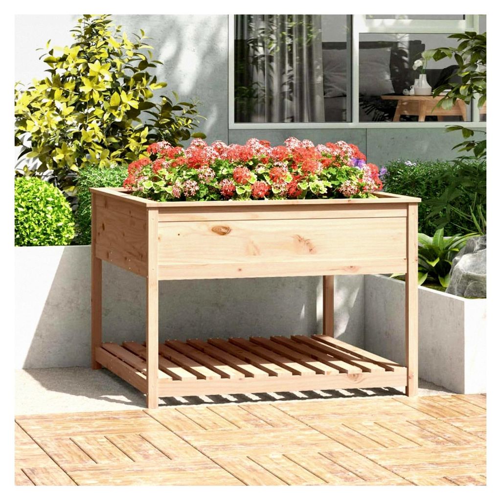 Pflanzkübel mit Ablage 111,5x111,5x81 cm aus massivem Kiefernholz, Blumentopf für Garten, Balkon, Terrasse und Innenbereich