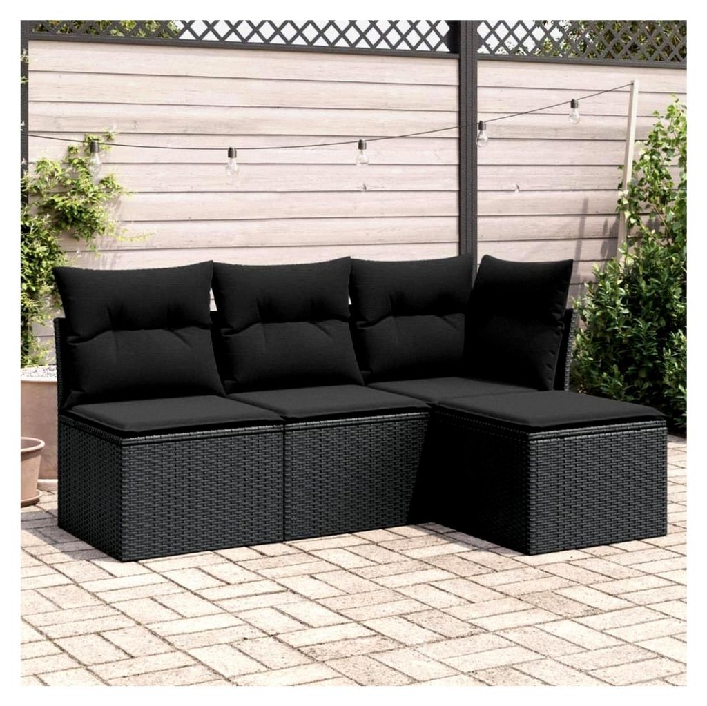 Rattan Gartenmöbel Set mit Stauraum für Balkon und Terrasse, 4-teilig, Polyrattan Schwarz