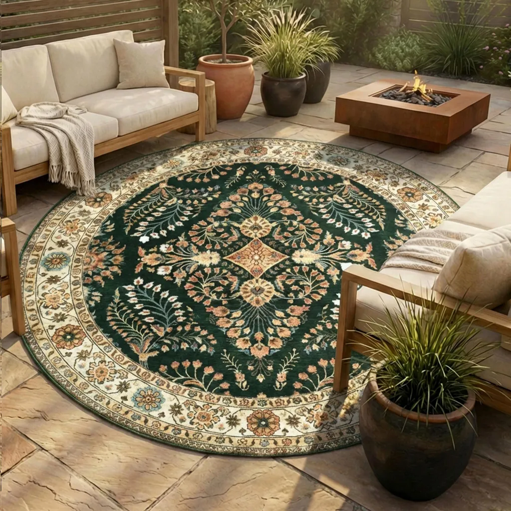 Tapis rond Volero Santo Flora Vert Foncé Ø 200 cm intérieur et extérieur