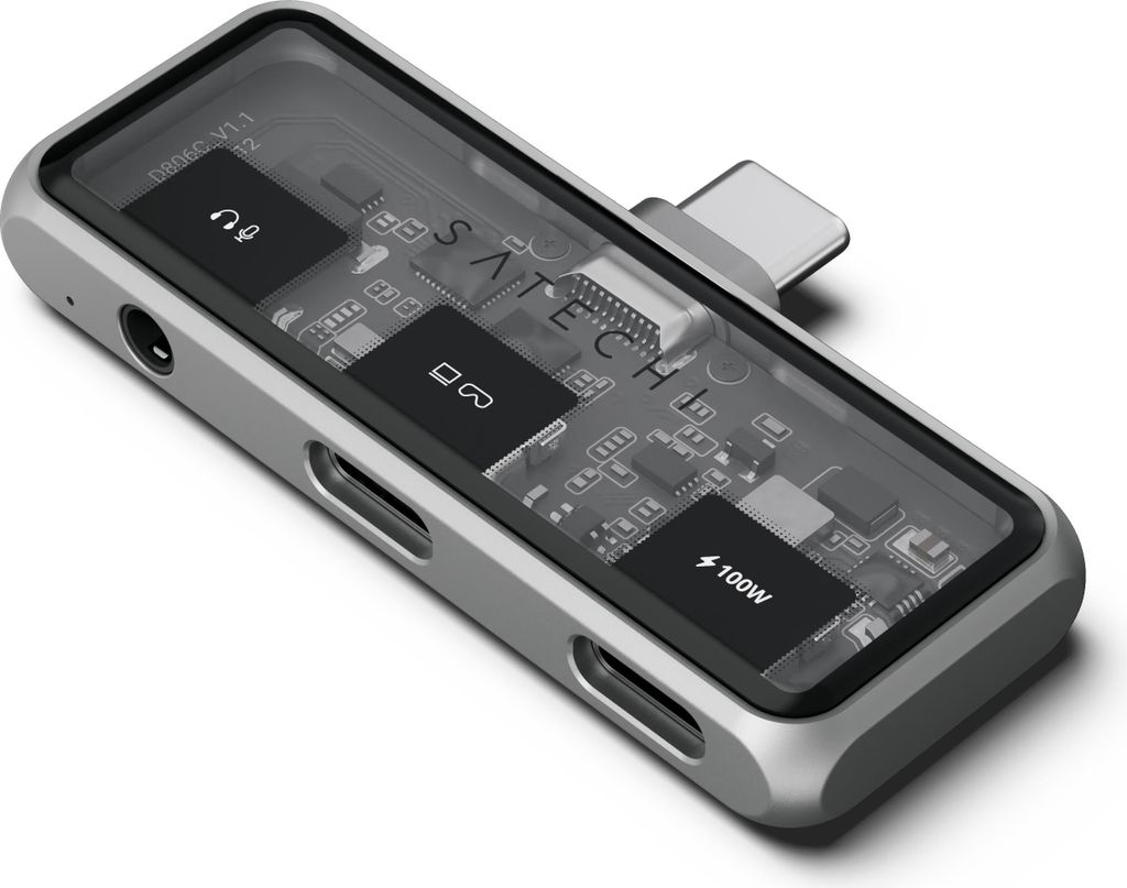 A product shot of a Satechi USB-C hub with a transparent top showing internal components.