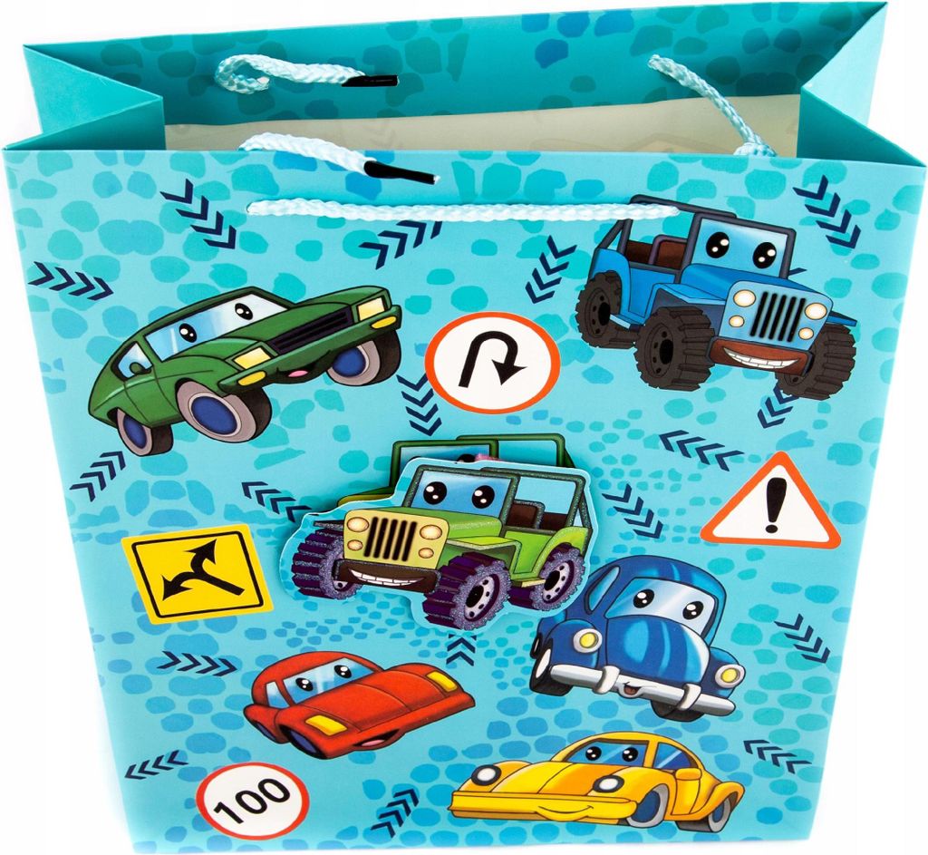 Geschenktüte Autos 26x32cm - Bunte Papiertragetasche für Kinder Geschenkverpackung