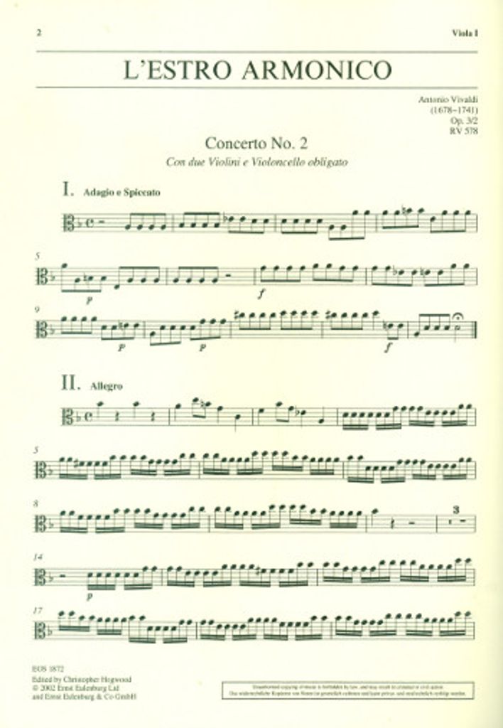 Konzert g-Moll op.3,2 RV578 für 2 Violinen, Violoncello, Streicher und Bc Viola 1