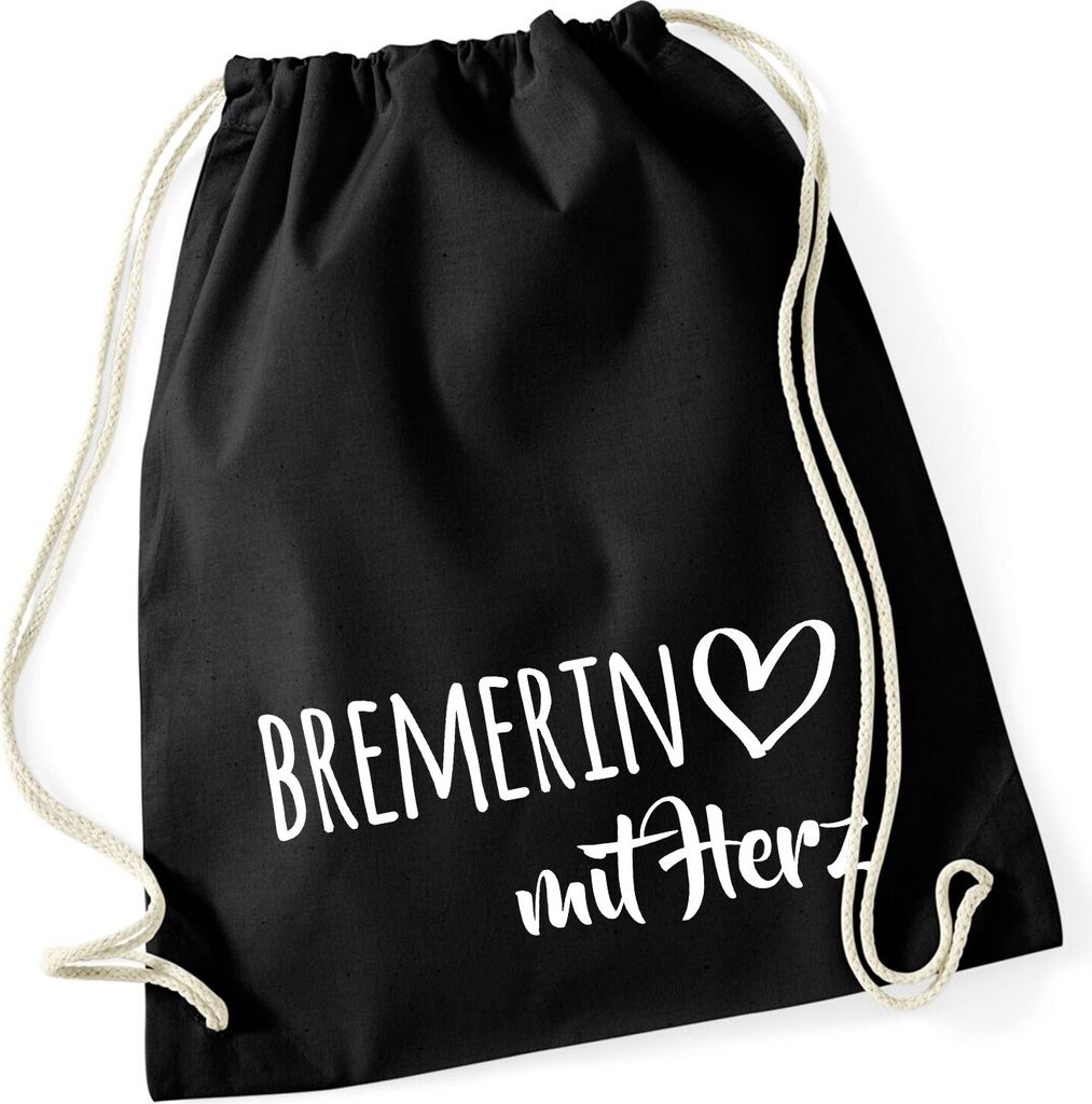 Huuraa Turnbeutel Bremerin mit Herz 12 Liter Black Baumwolle Rucksack Geschenkidee