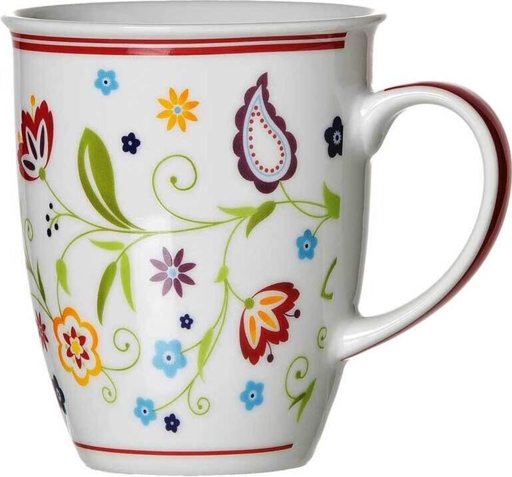 A white ceramic mug with a colorful floral and paisley pattern.