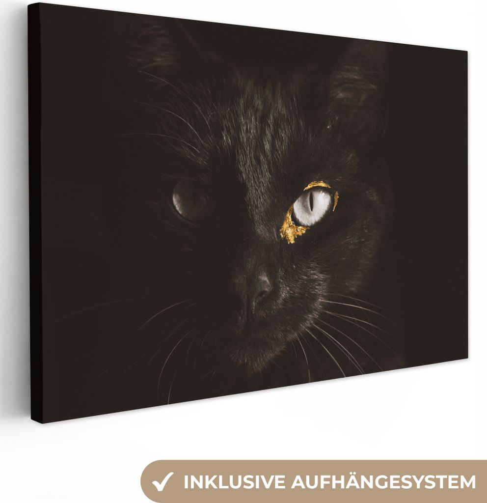OneMillionCanvasses - Leinwandbilder - 150x100 cm, Katze - Gold - Schwarz, Wandbilder Kunstdruck Wanddekoration