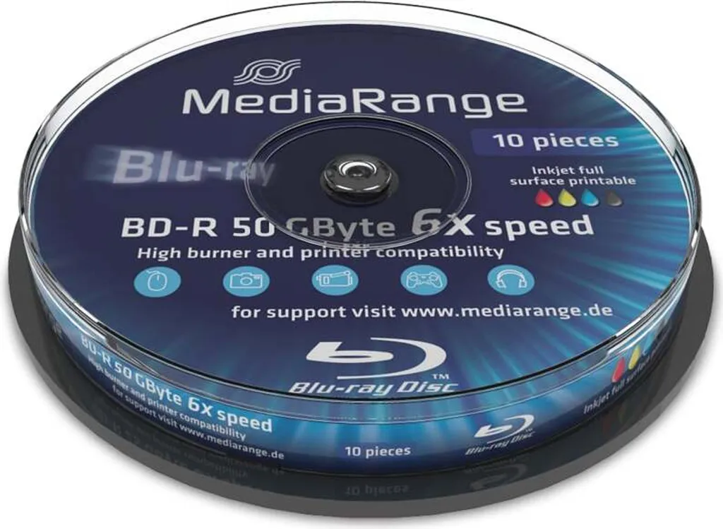 Disques Blu-ray vierges 50GB BD-R MediaRange imprimables en pack de 10