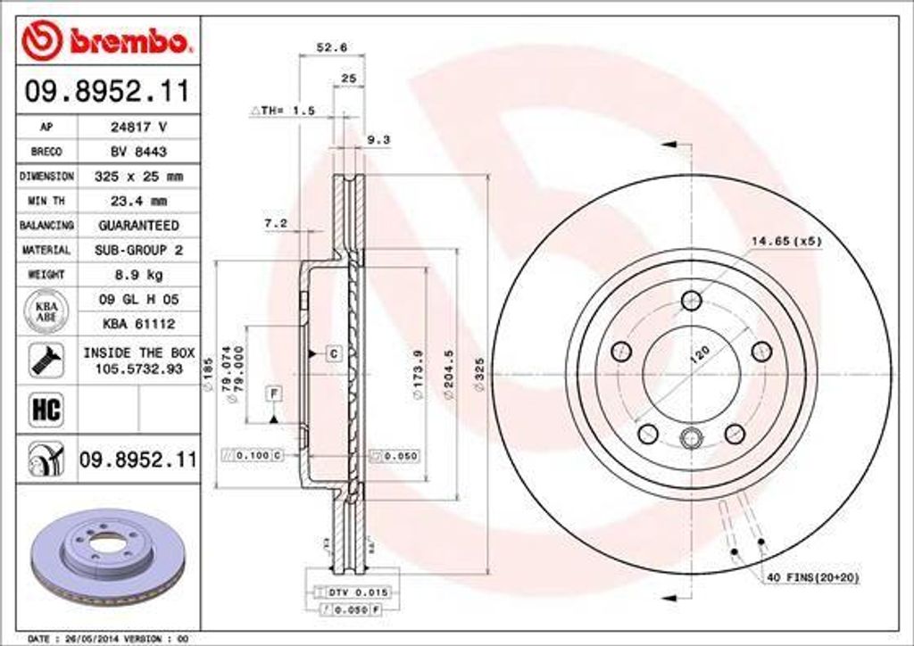 BREMBO 09.8952.11 Bremsscheibe OE 34101166071 kompatibel mit Z4er E85, Z4er E86, 3er E46