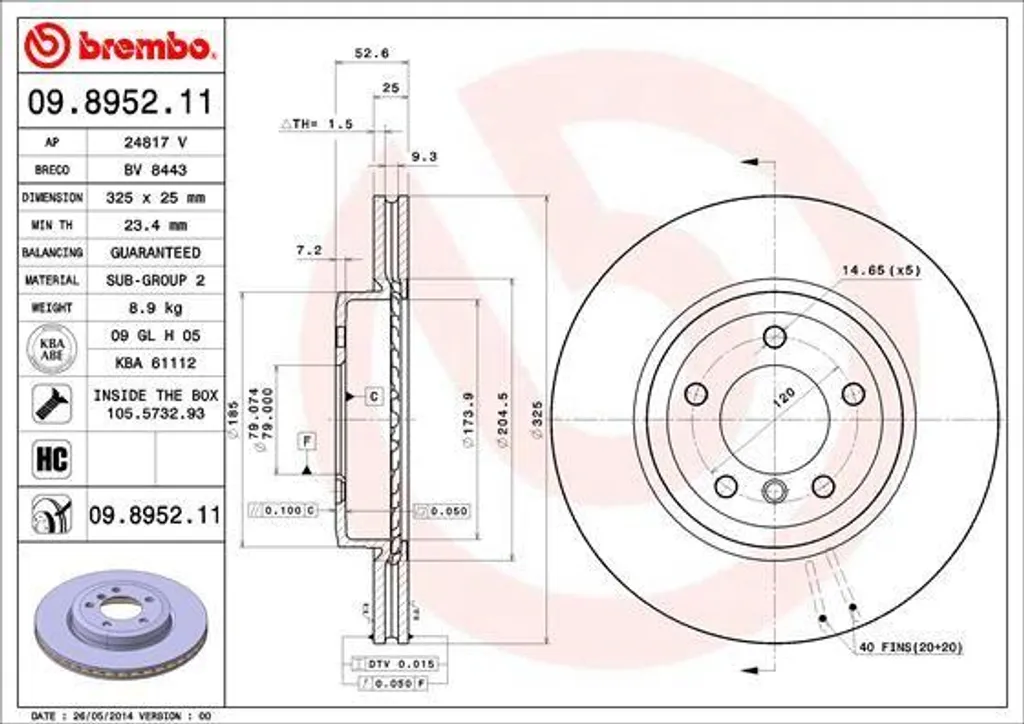 Disque de frein Brembo 09.8952.11 pour BMW Série 3 E46 et Z4 E85 E86