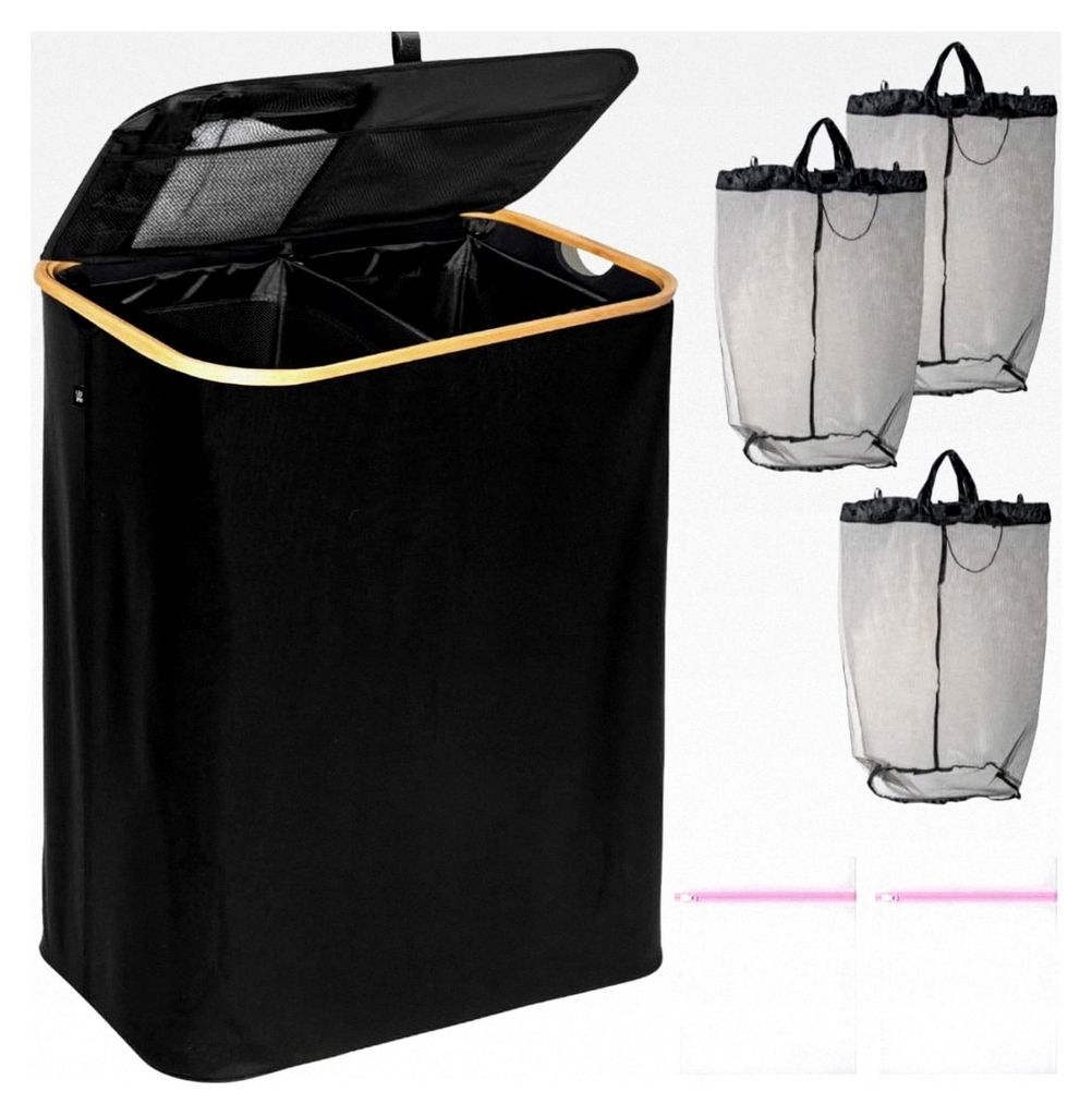 Schwarzer Wäschekorb 140L – Faltbar mit Deckel – 2 Fächer, 3 Wäschesäcke und 2 Waschnetze – Aus 600D Oxfordstoff – Wäschesortierer und...