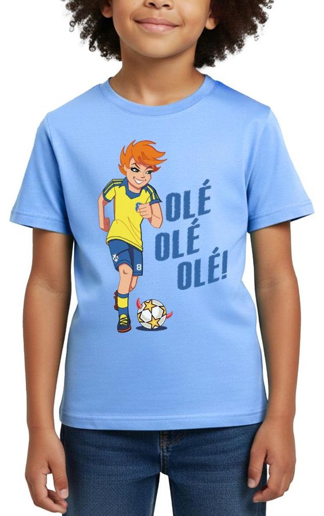 Spreadshirt Teufelskicker Olé Catrina Mit Fußball Kinder T-Shirt, 98/104 (3-4 Jahre), Himmelblau