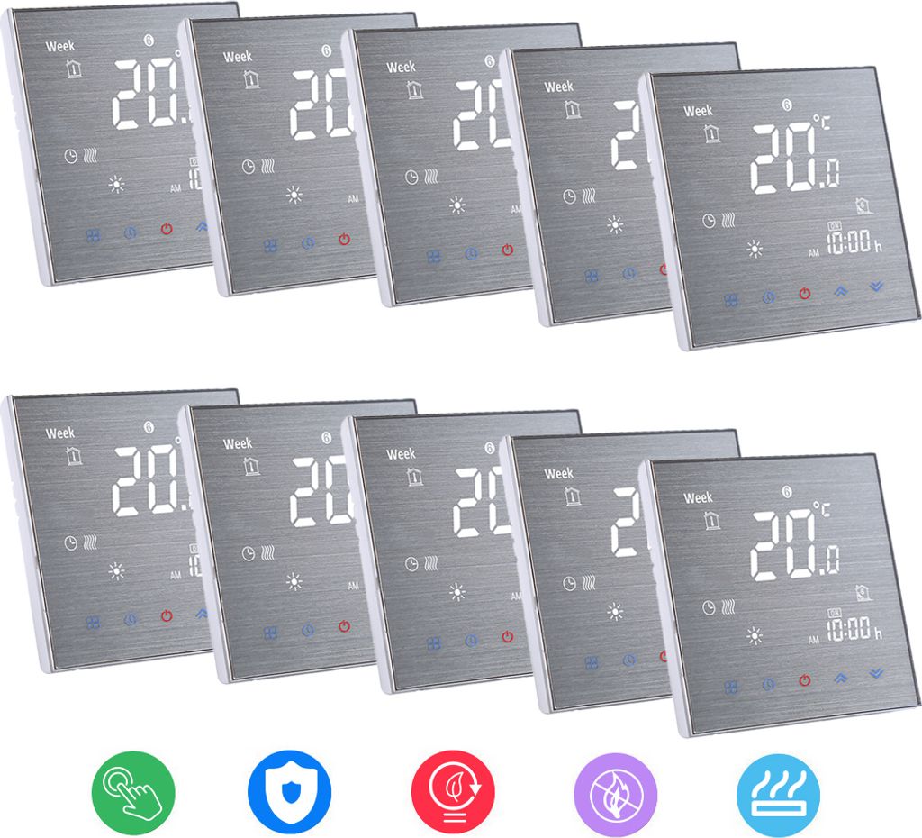 10X BTH-2000L-GA Raumthermostat Digital LCD Thermostat Fußbodenheizung Warmwasserbereitung Digitaler Temperaturregler Großes LCD Display Touch Bu...