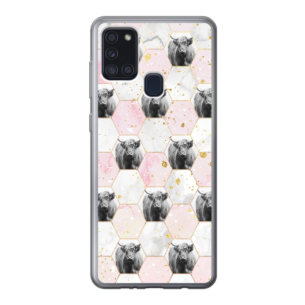 MuchoWow Handyhülle Schutzhülle Hülle für Samsung Galaxy A21s Schottischer Highlander - Muster - Gold Silikon Softcase Handy Hülle - Hartschale