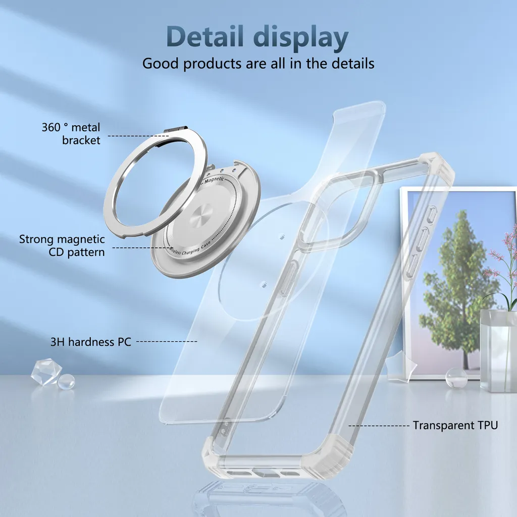 HaloArt 360° Girevole Supporto Magnetica Cover per iPhone 15 [Stabile CD Anello Supporto per MagSafe] [N.1 Potenza Magnetica & Protezione Militare] Custodia Protettiva Antiurto Sottile, Trasparente