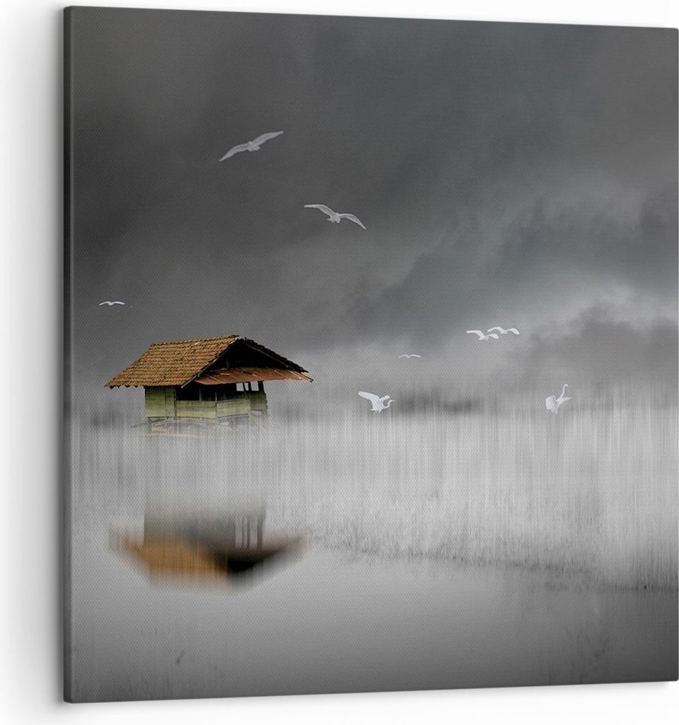 Bild auf Leinwand - Leinwandbild - Einteilig - Hütte Nebel Sumpf - 50x50cm - Wand Bild - Wanddeko - Wandbilder - Leinwanddruck - Bilder - Wanddeko...