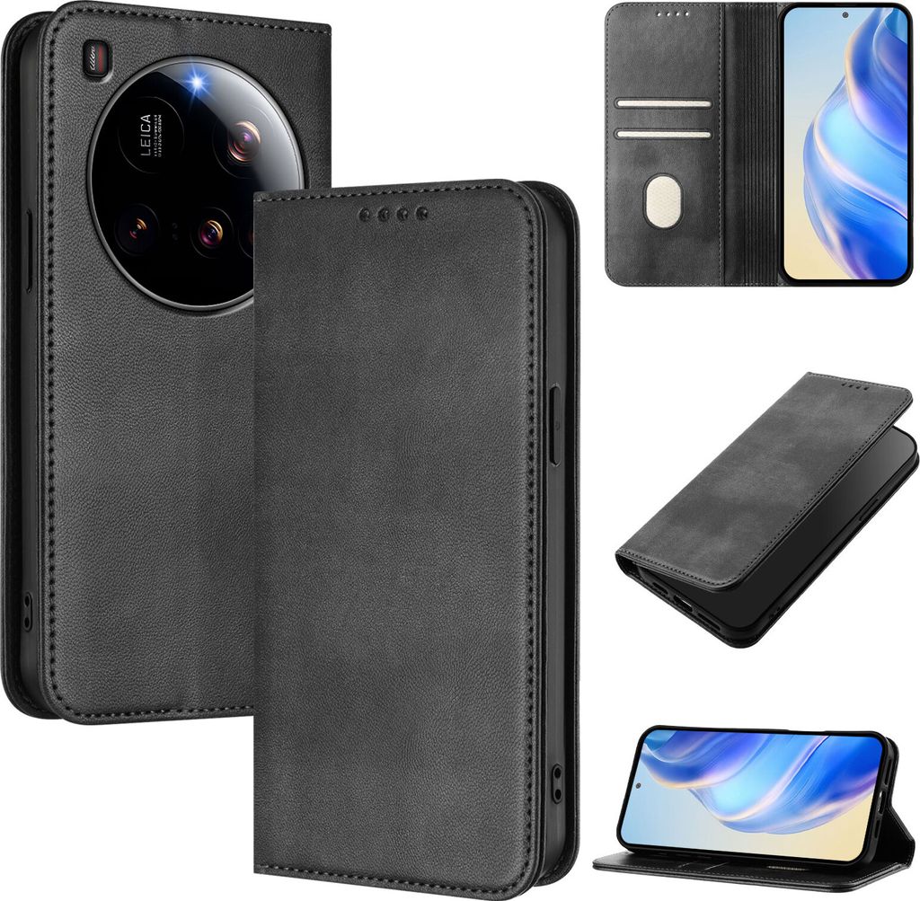 Handyhülle für Xiaomi 15 Ultra, Vintage Leder RFID Schutz Kartenfach Standfunktion Magnetische Klapphülle Schwarz