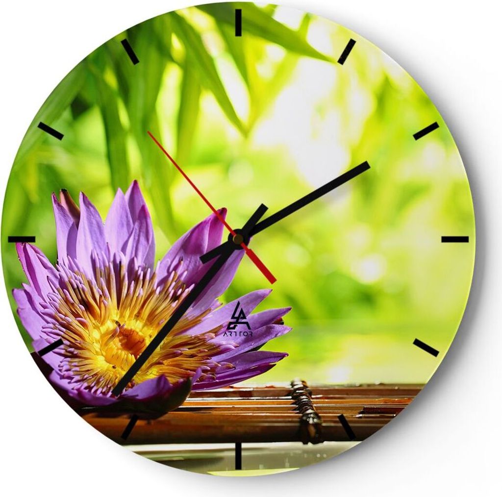 Wanduhr - Rund - Glasuhr - Asien spa bambus blume - 30x30cm - Schleichendes Uhrwerk - Lautlos - zum Aufhängen bereit - Dekoration Modern - Wanddek...