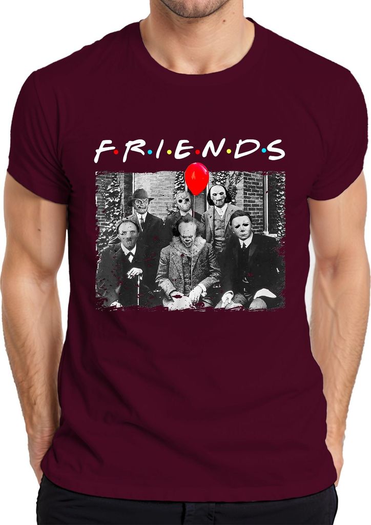 Horror Freunde Parodie Halloween Masken Pennywise Jason Michael Herren T-Shirt, Burgundy, S