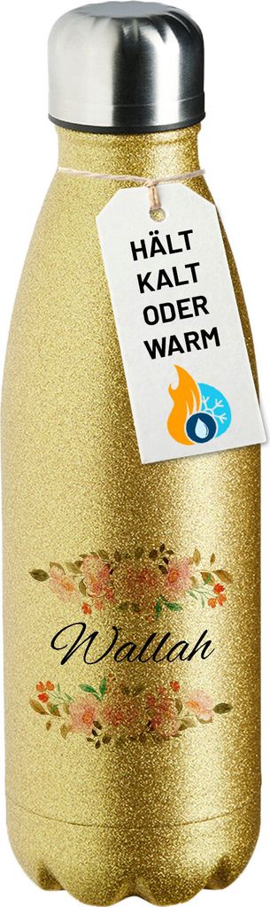 Huuraa Trinkflasche Wallah arabisch Blumen 500ml Gold Edelstahl Wasserflasche Trinkflasche Geschenkidee