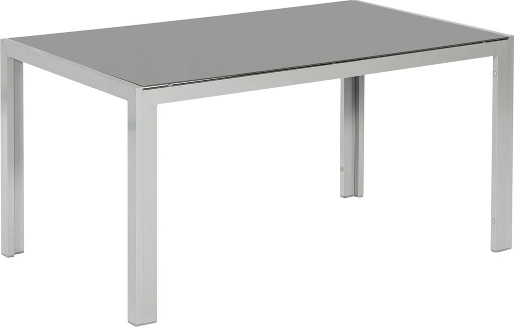 A product shot of a rectangular table with a glass top and silver metal legs, isolated on a white background.