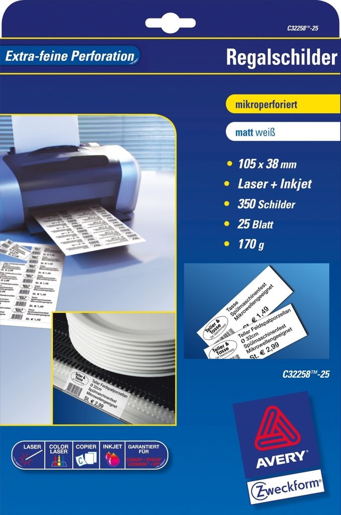 Regalschilder 105x38 mm 170 g/qm beschichtet matt 350 Stück Packung mit 30 Stück