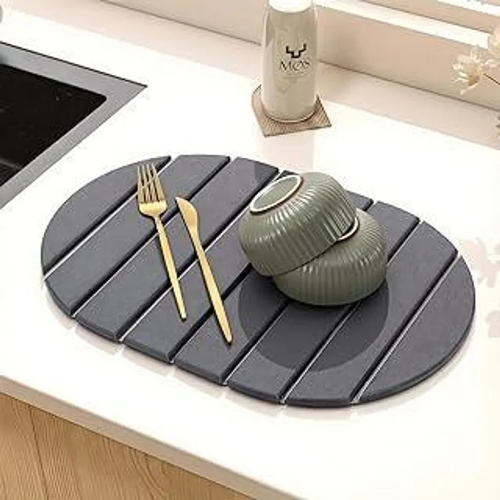 Tappetino Scolapiatti In Pietra Di Diatomee Con Supporto In Bambù - Assorbimento Rapido E Design Opaco Per Cucina (Naturale) - 4
