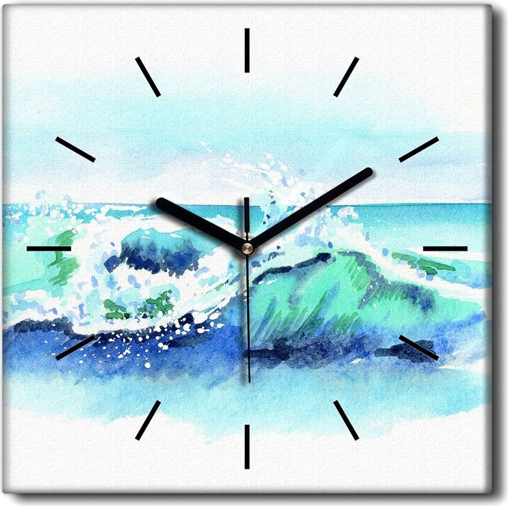 Coloray Uhr auf Leinwand 30x30 cm Wand Uhr Dekoration Wohnzimmer Segeltuch schwarze Hände -Aquarelle Ozeanwellen.