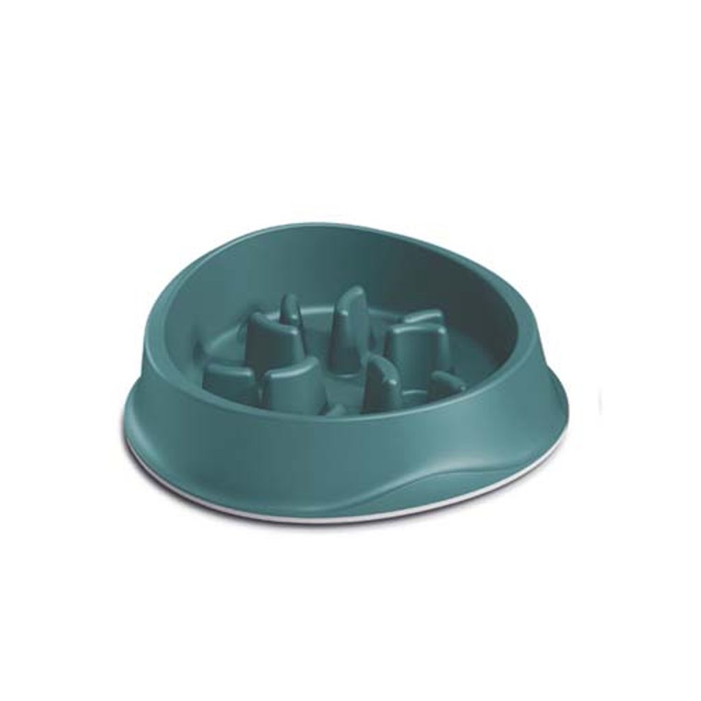 A teal colored dog bowl with internal dividers to slow down eating.