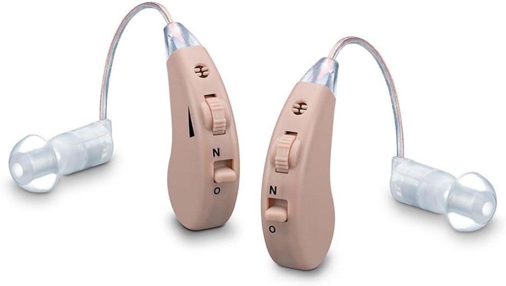 Hörgeräte-Geräuschverstärker, 2er Set, ergonomische Passform, je 3 Aufsätze, klarer Klang dank RIC-Design, USB-Ladestation, Aufbewahrungsbox