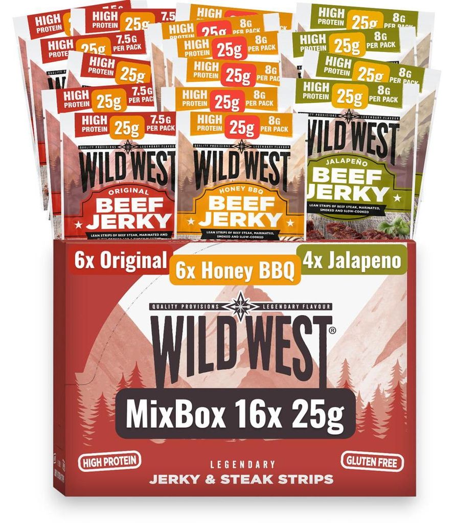 Wild West Beef Jerky Mix Box 16er – Original, Honey BBQ & Jalapeño Protein Snack 25 g