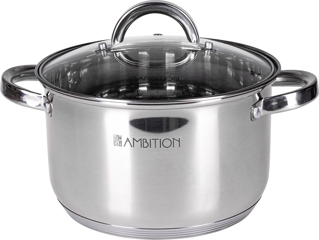 A stainless steel pot with a glass lid and handles, shown from the front.