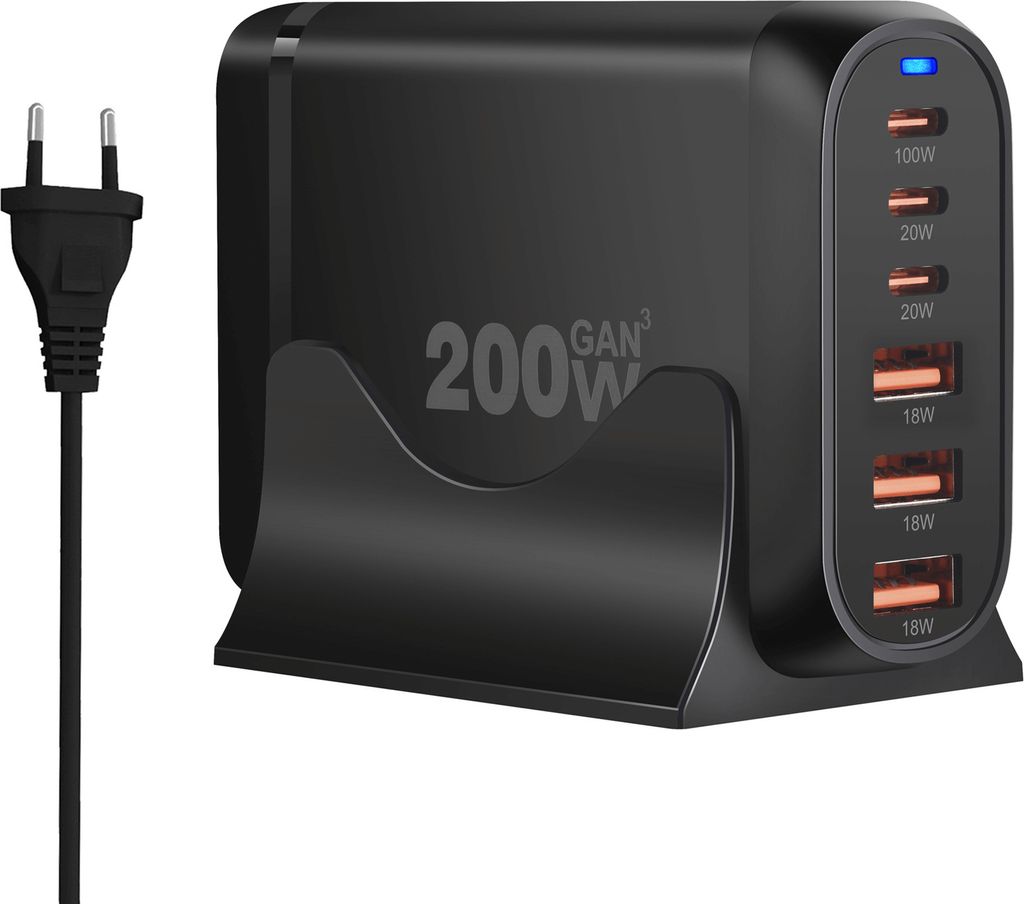 A black multi-port USB charger with a power cord and stand.