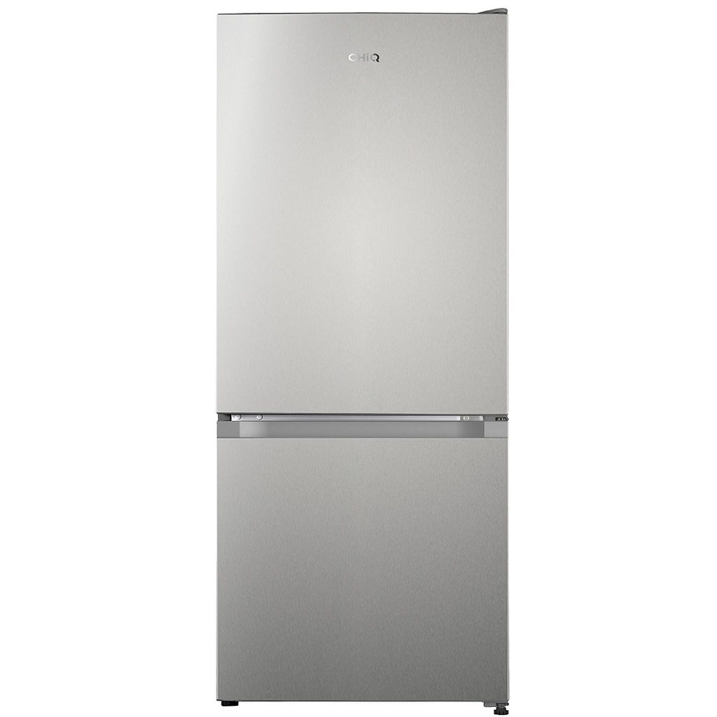 A front view of a silver refrigerator with a freezer compartment at the bottom, set against a white background.