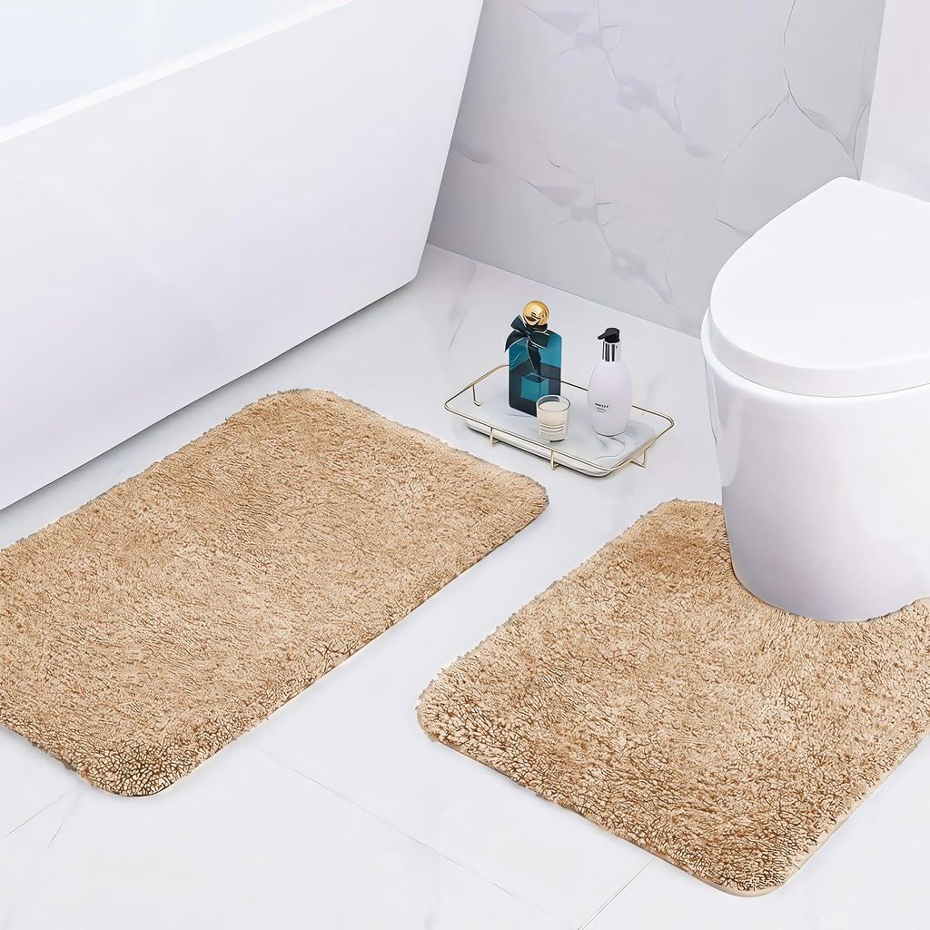 Mikrofaser-Badematten, 2 cm extra dicke Badematten, super saugfähige Badematten 50x80 cm und 50x50 cm U-förmig, kamelfarben
