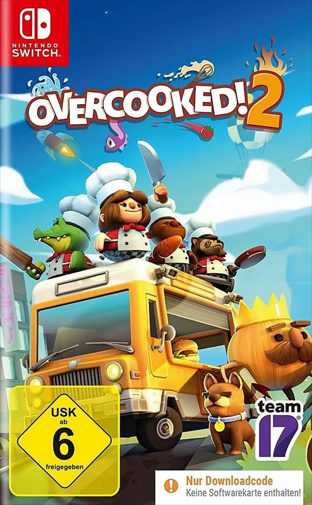 The cover art for the video game Overcooked! 2, featuring cartoon characters and a food truck.