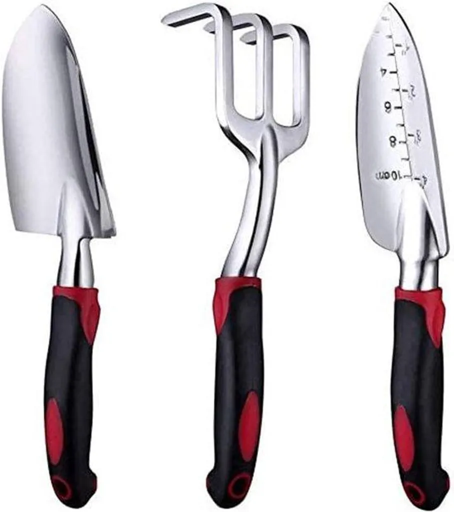 Kit outils de jardinage en aluminium rouge 3 pièces râteau et transplantoir