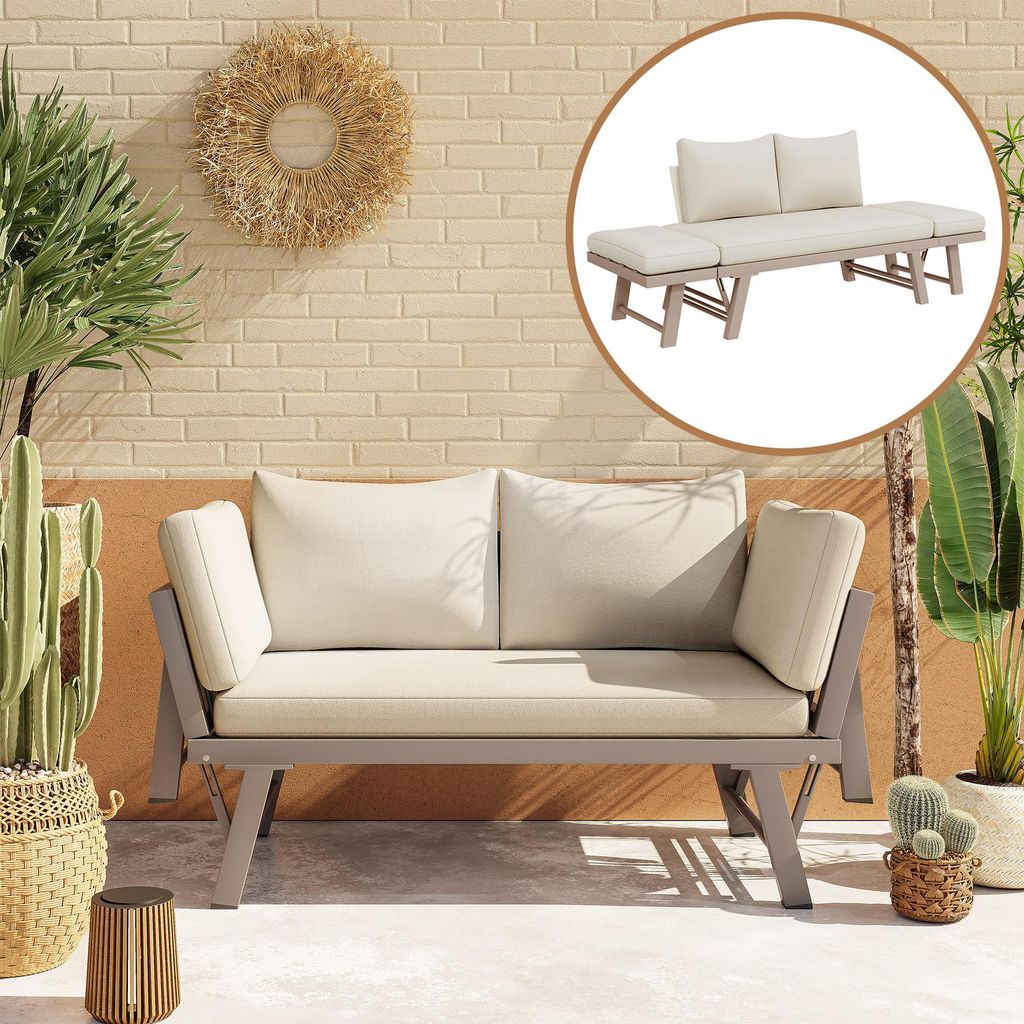 2-Sitzer-Outdoor-Sofa, Gartensofas mit Liegefunktion, Sonnenliege mit Kissen und klappbaren Armlehnen, Gartenmöbel für Terrasse oder Balkon, beige