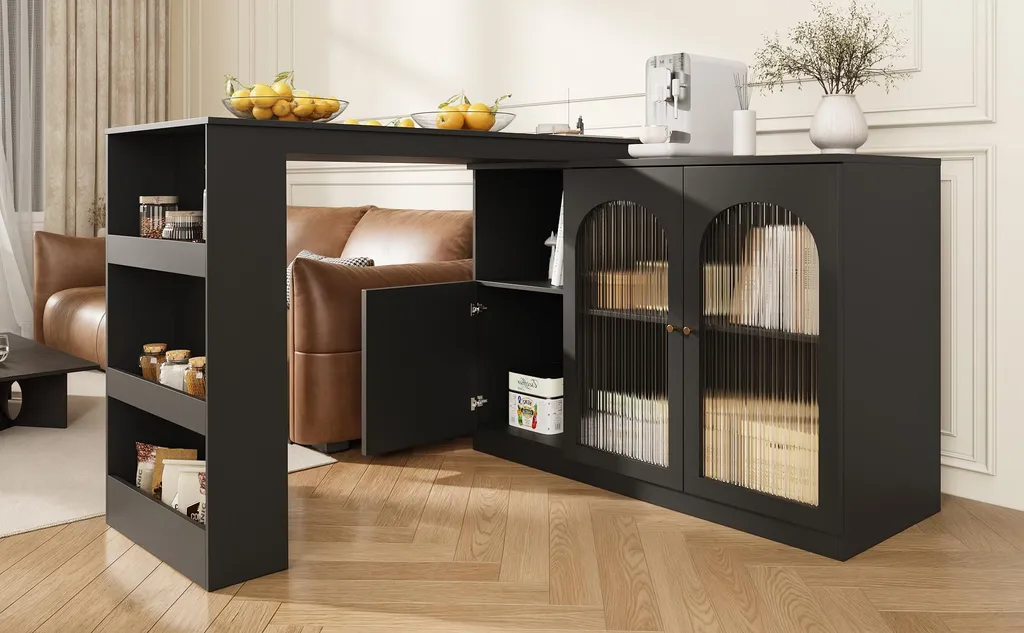 Table de bar noire design pivotante à 360° avec vitrine intégrée chic