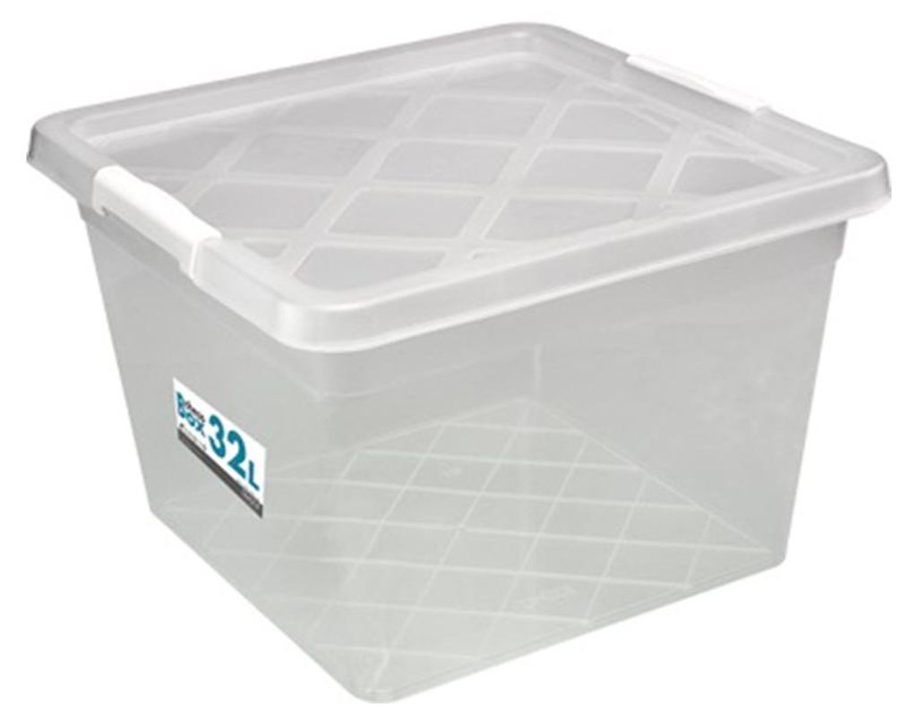 A clear studio shot of a transparent storage box with a lid.