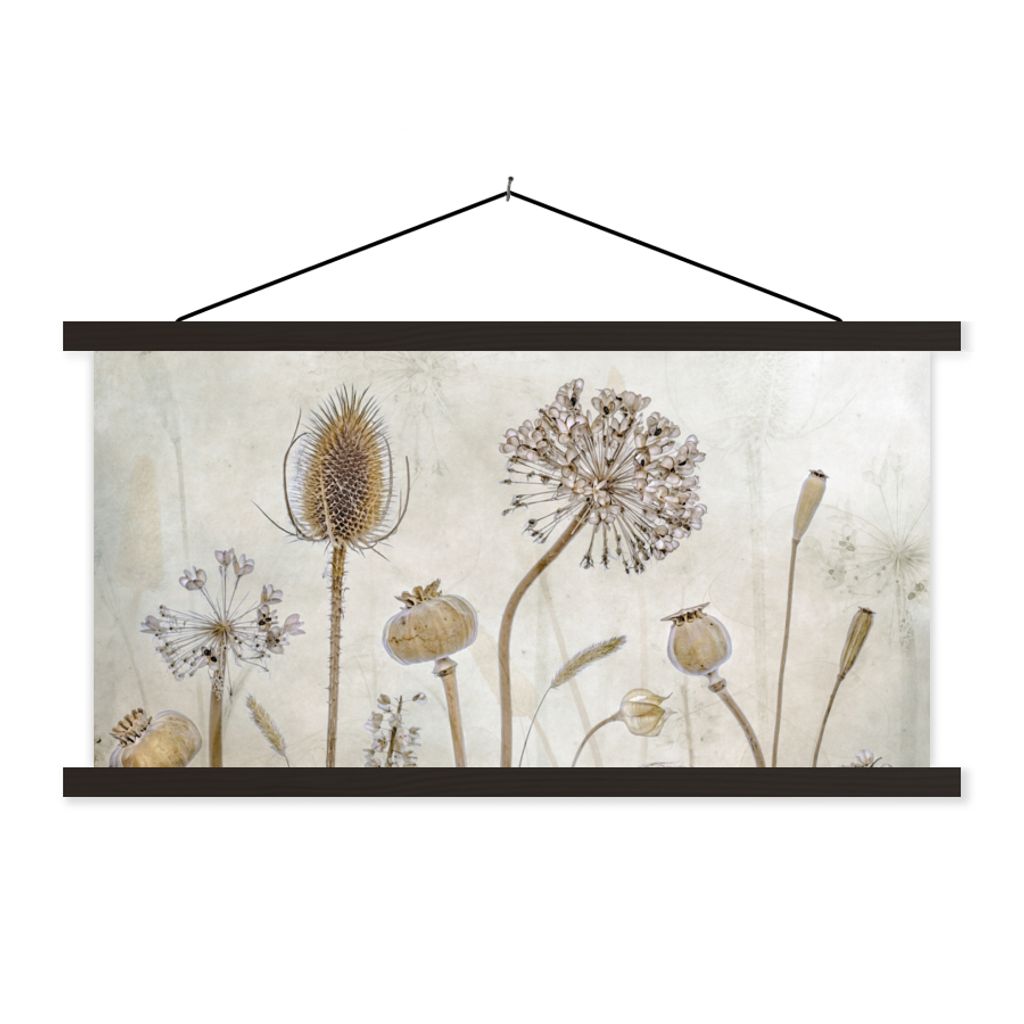 MuchoWow Textilposter Blumen - Aquarell - Stilleben - Braun - Vintage 150x75 cm mit schwarzem Rahmen - Posterleiste