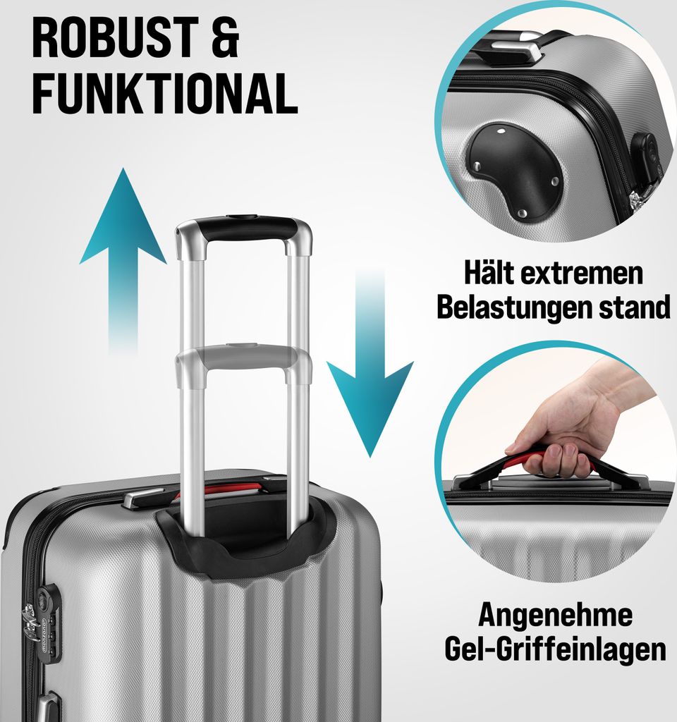 MONZANA 3tlg. Kofferset Schloss Wäsche Organizer Kofferwaage Gurt Gel-Griffe Zwillingsrollen Standfüße Trolley Reisekoffer Hartschalen Koffer ...