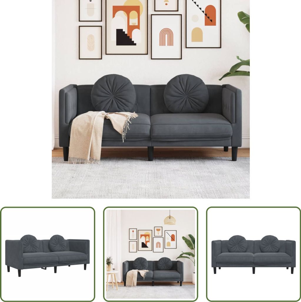 The Living Store Sofa mit Kissen 2-Sitzer Dunkelgrau Samt