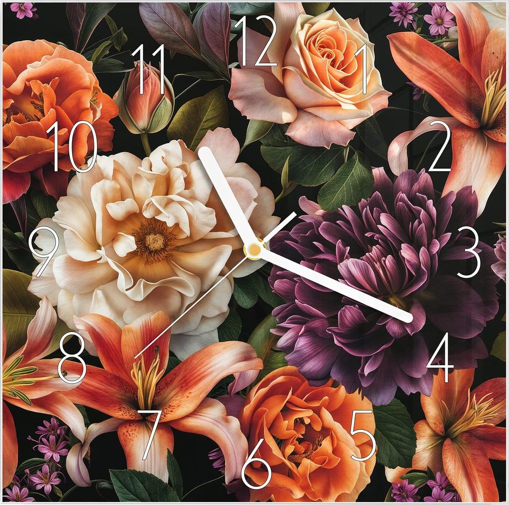 Wanduhr aus Glas mit Motiv Blumenpracht- 30 x 30 cm - inkl. Aufhängesystem