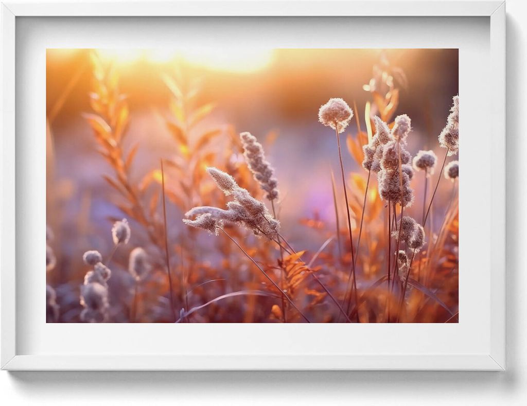 Boho-Gräser bei Sonnenaufgang– Wandbild mit Rahmen – Gerahmtes Bild – Wanddekoration – 70x50 cm – Weiß Rahmen