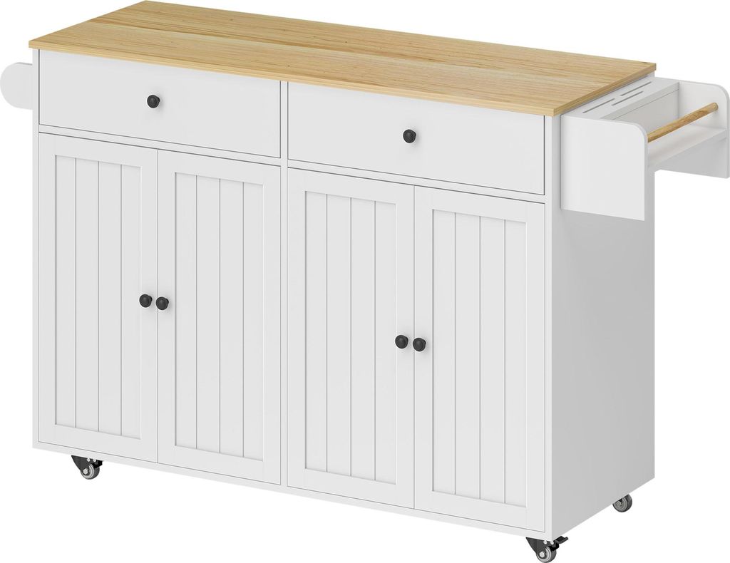 Rollbare Kücheninsel, 2 Schubladen, 2 Schränke, verschiebbar, Gewürzregal, Handtuchhalter, Messerhalter, MDF, Weiß