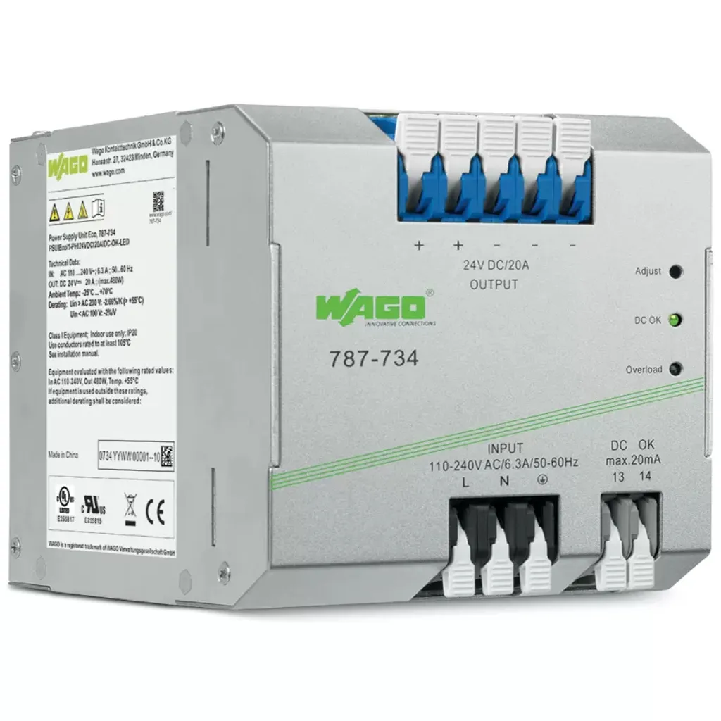 Alimentation WAGO 787-734 de 480 W monophasée montage rail DIN 24V DC