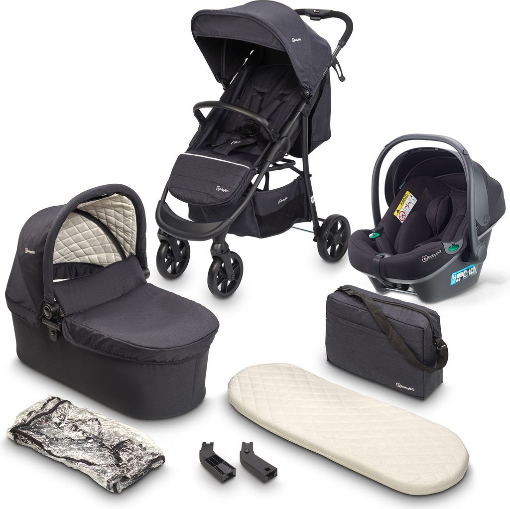 A collection of baby travel system components laid out on a white background.
