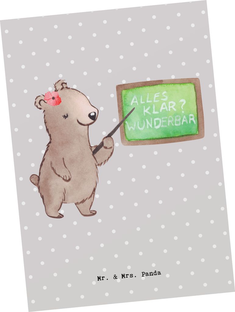 Mr. & Mrs. Panda Postkarte Nachhilfelehrerin Herz - Grau Pastell - Geschenk, bildkarte, Nachhilfeunterricht, Nachhilfeschule, Work Day, Ansichtskar...
