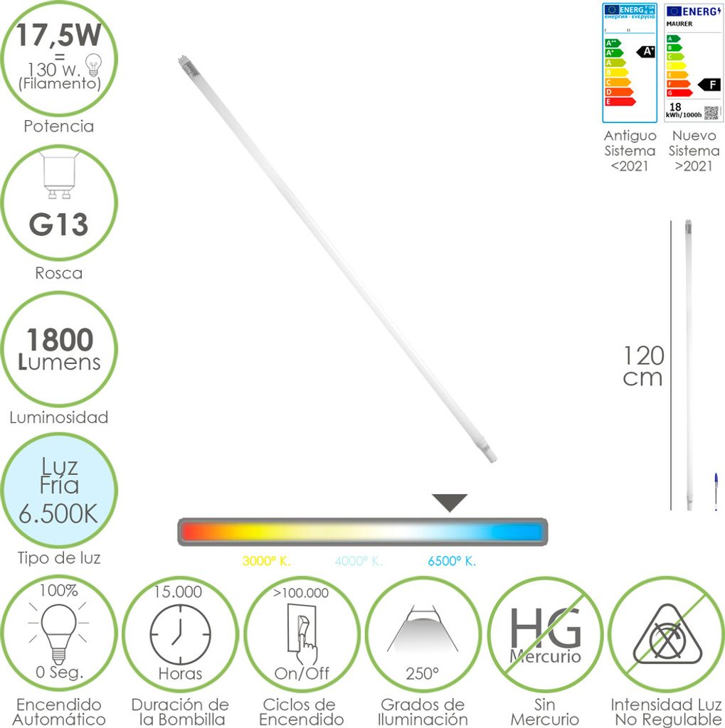 Tubo Led T8 120 cm.17,5 Watt. Äquivalent A 130 Watt. 1800 Lumen. Luz Fria 6500o K.