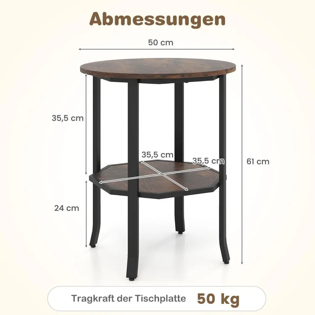 Bout de canapé rond marron rustique, petite table basse avec rangement
