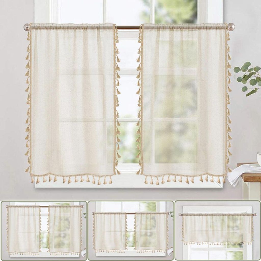 Boho Scheibengardine Stangendurchzug Durchsichtig Vorhang Kurz Küchengardinen mit Quasten Halbtransparente Bauernhaus Gardinen für Balkontü 2 St...